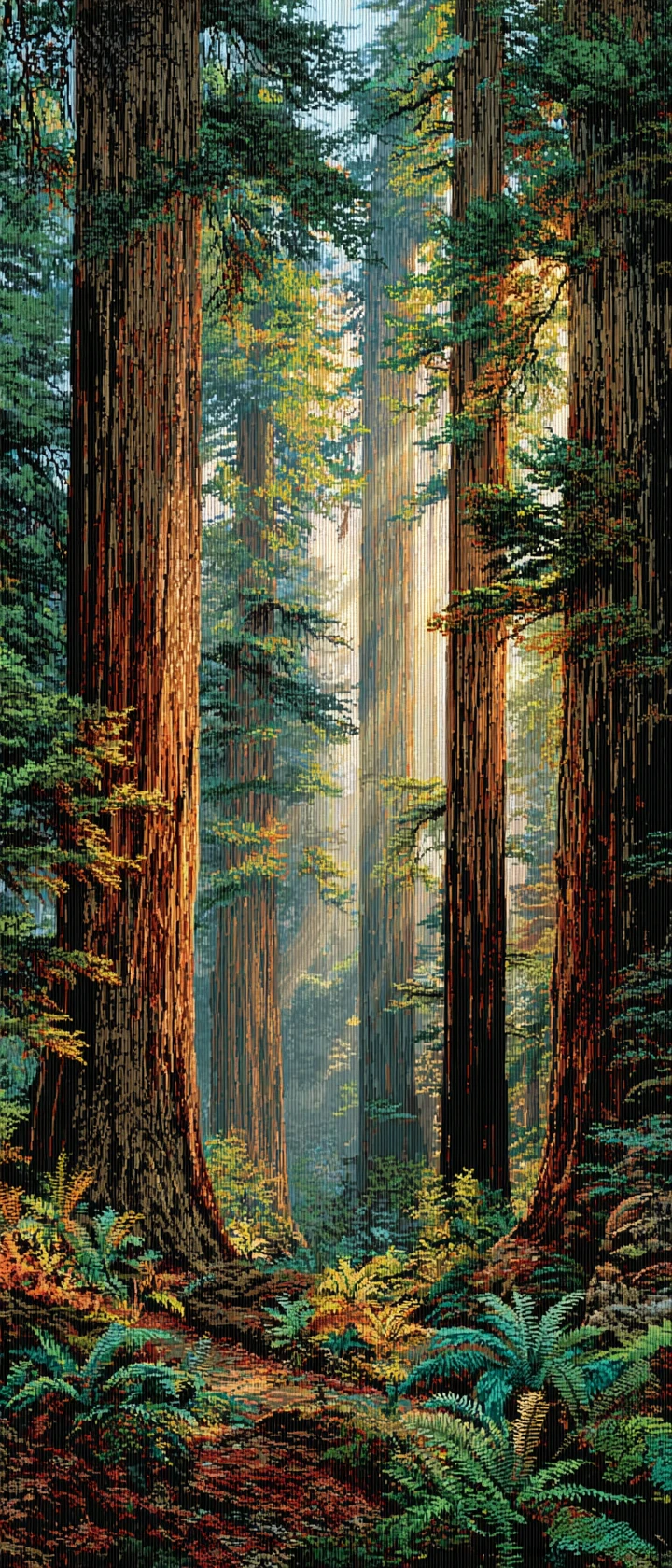 Raffinato Ricamo di un Antico Bosco di Sequoie all’Alba