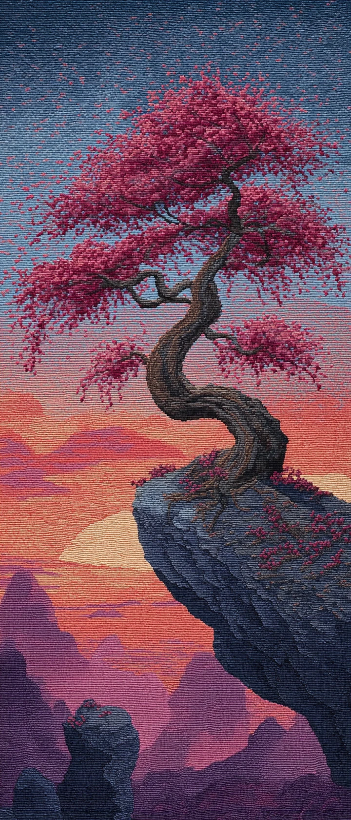 Cherry blossom tree on cliff at twilight needlework art