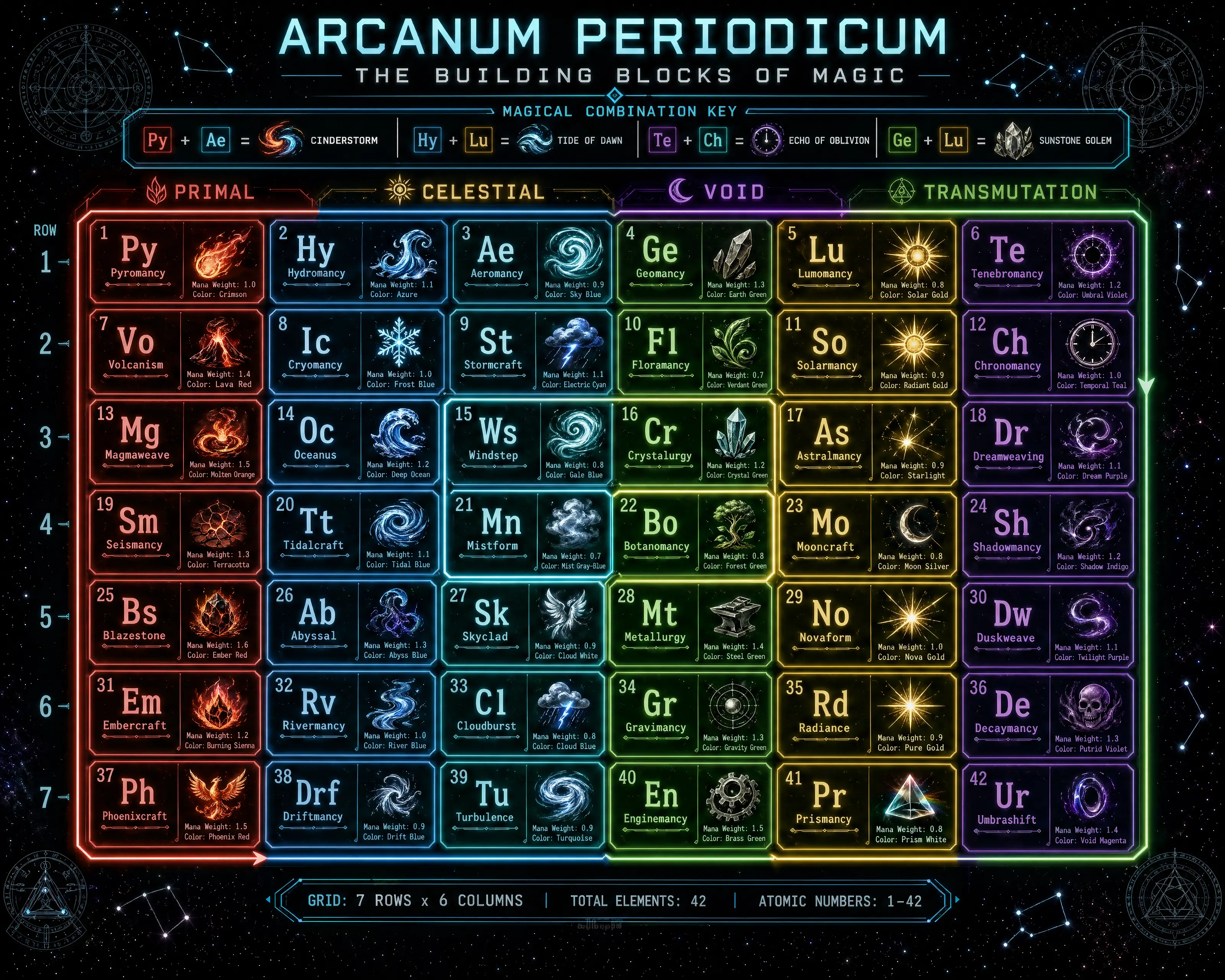 Spiral periodic table of elemental magic in neon starfield