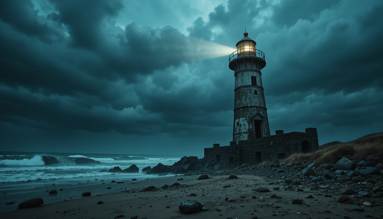 Solitary lighthouse facing stormy sea at dusk