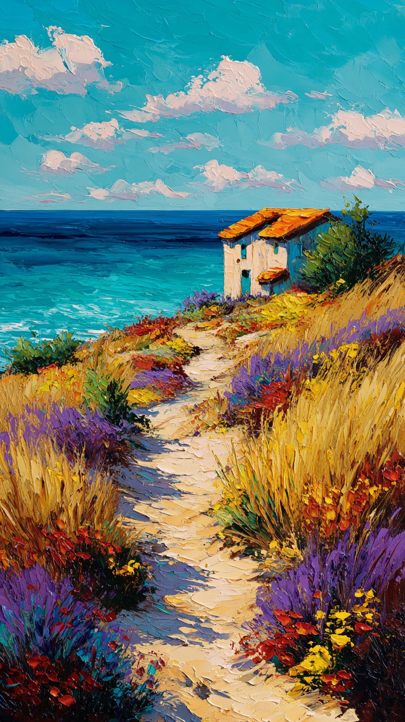 Pintura al óleo de un sendero costero que lleva a una cabaña