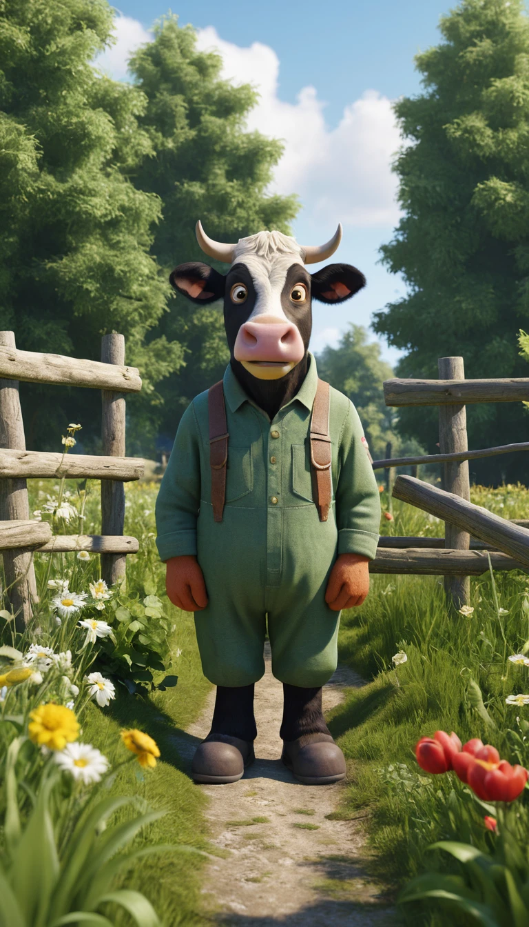 Cartoon cow sheep and farmer chatting on a sunny pasture