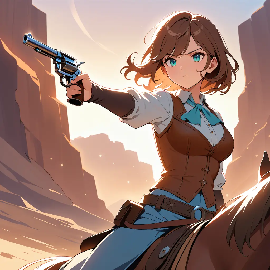 Cowgirl aiming a revolver from a low angle at sunset