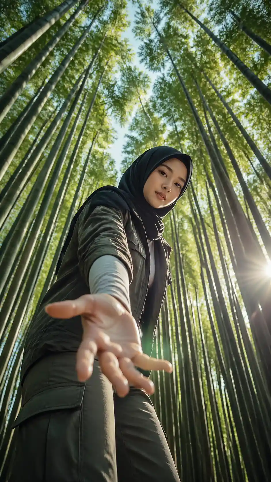 Hijabi girl portrait in tall bamboo forest from low angle
