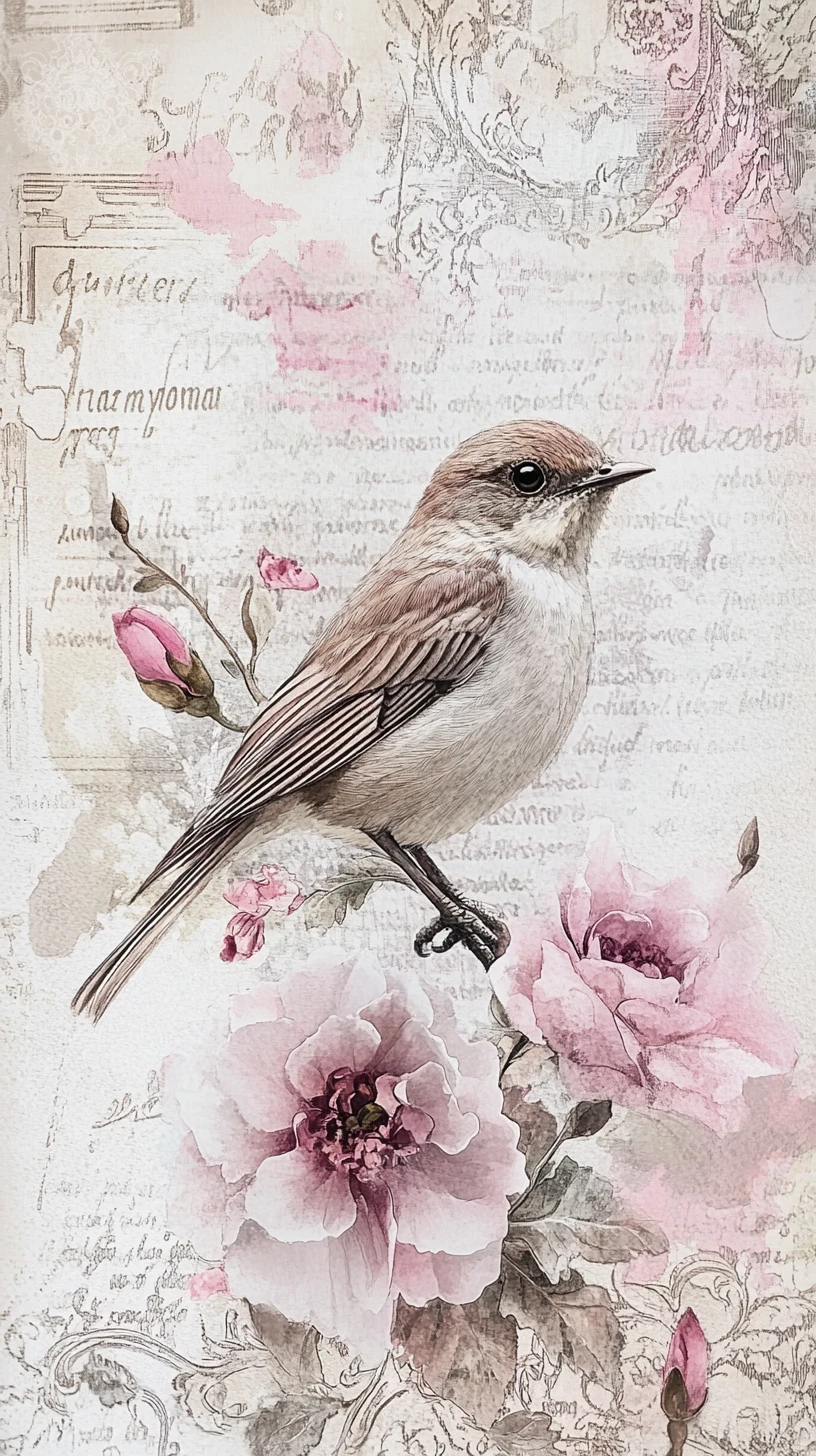 Nightingale On A Branch Among Soft Pink Carnations