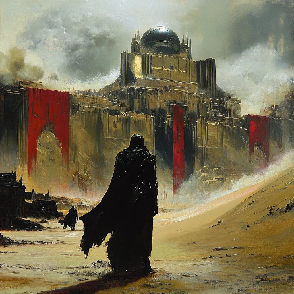Surreal cathedral of rival houses in a vast dust interior