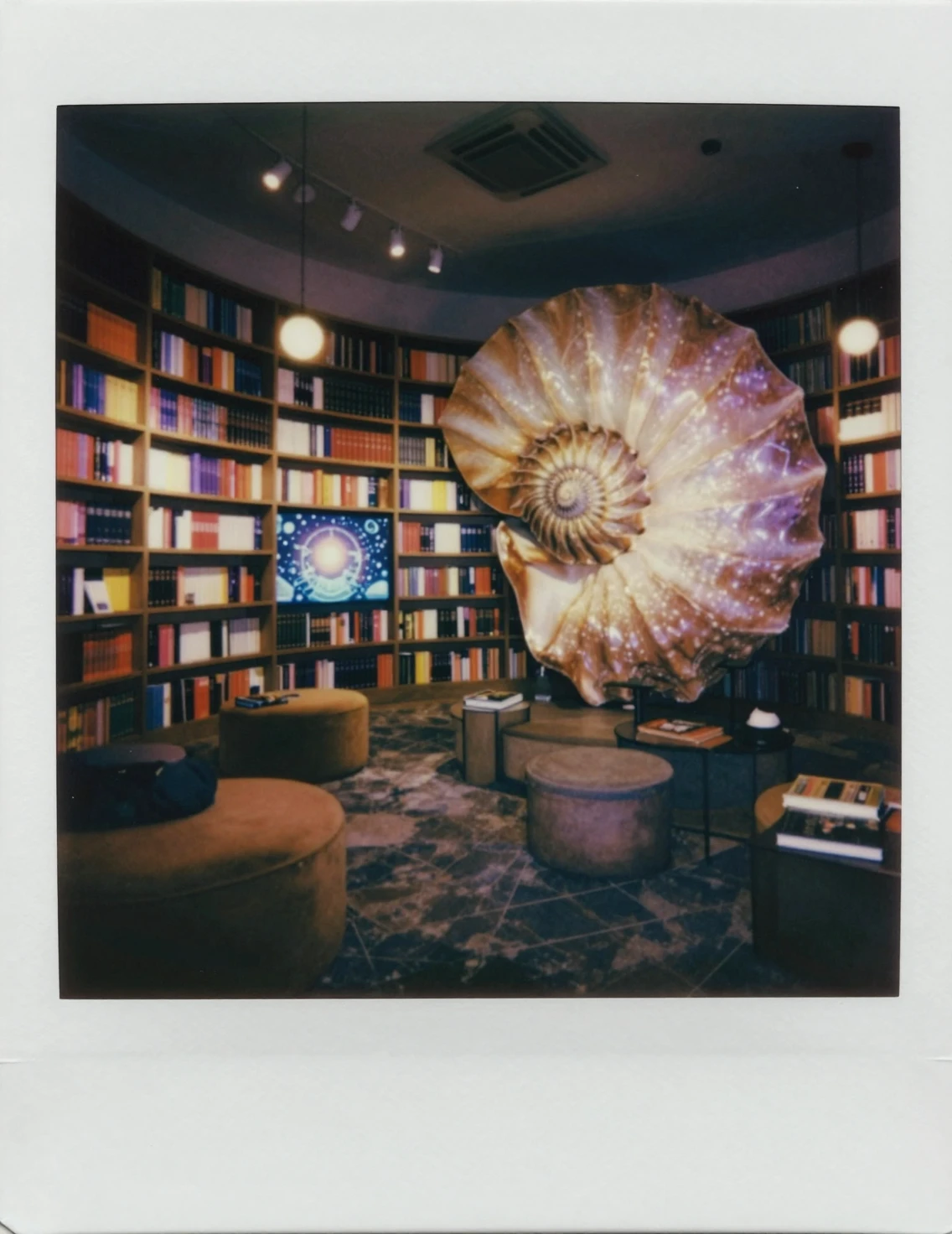 Cozy Neon Library Inside A Giant Nautilus Shell