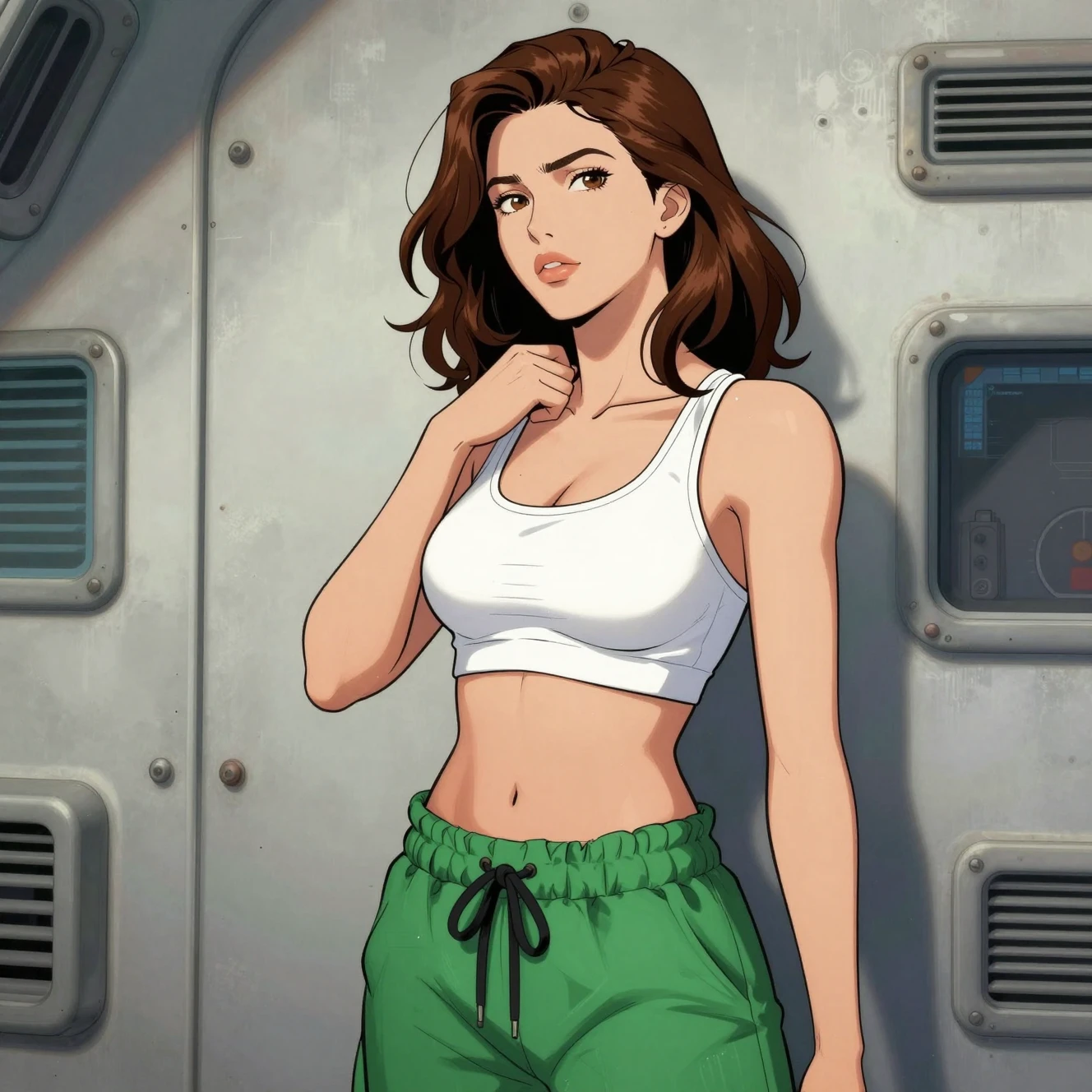 Giovane donna in abbigliamento sportivo in un’astronave vissuta