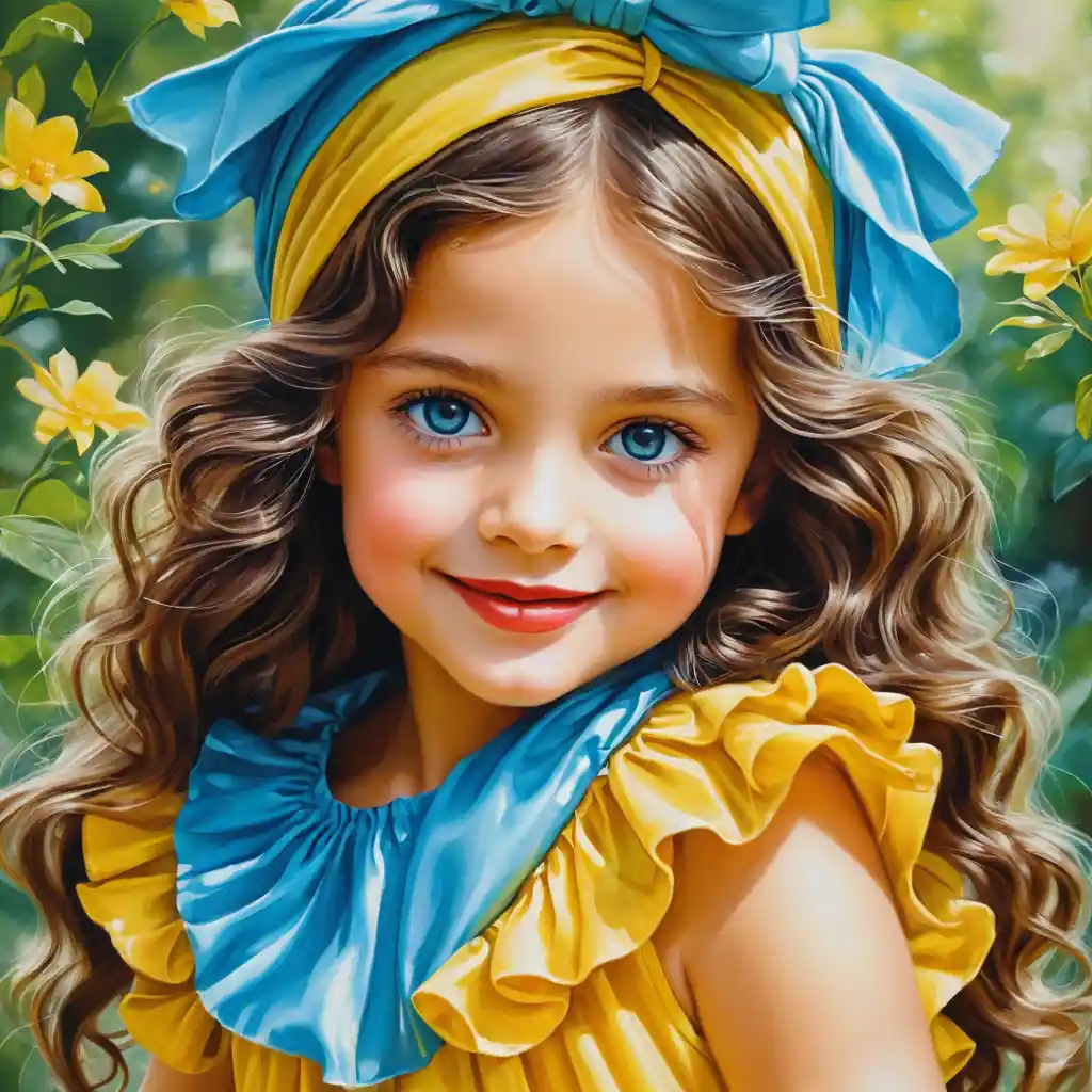 Smiling Little Girl In Yellow Dress With Flowing Curly Hair