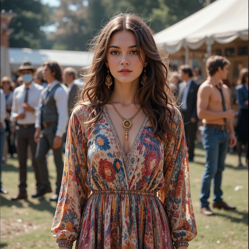 1970s woman in hippie maxi dress at outdoor event