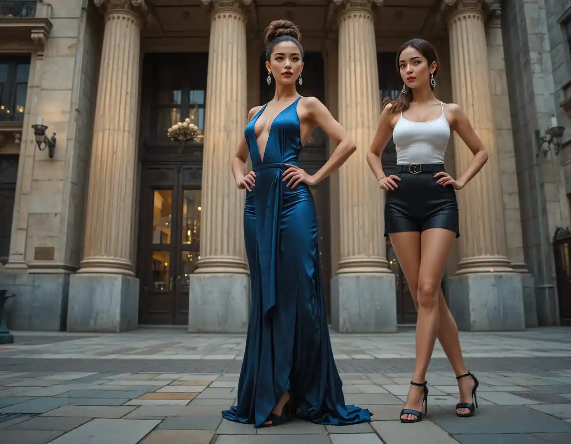 Confident woman in black evening gown on city steps