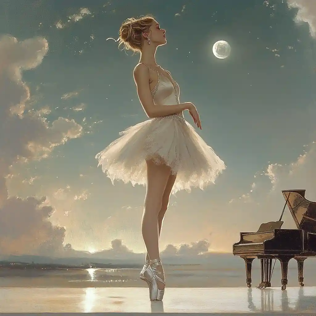 Graceful ballerina poised under a calm moonlit sky