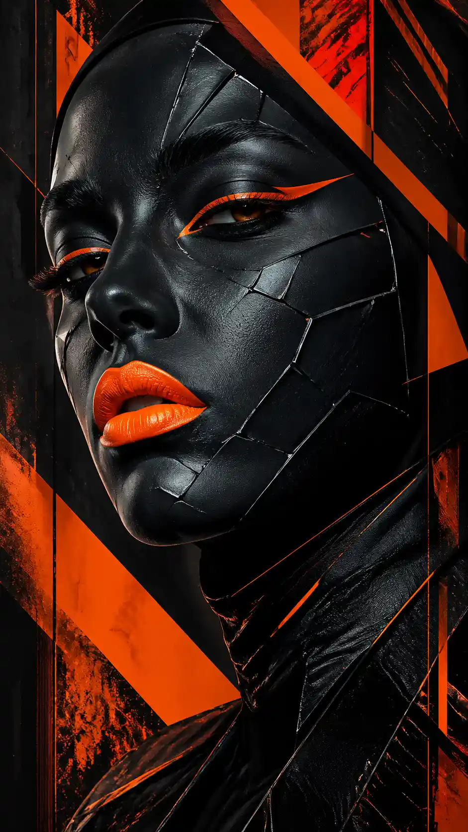 Futuristic woman portrait with neon orange cyberpunk makeup