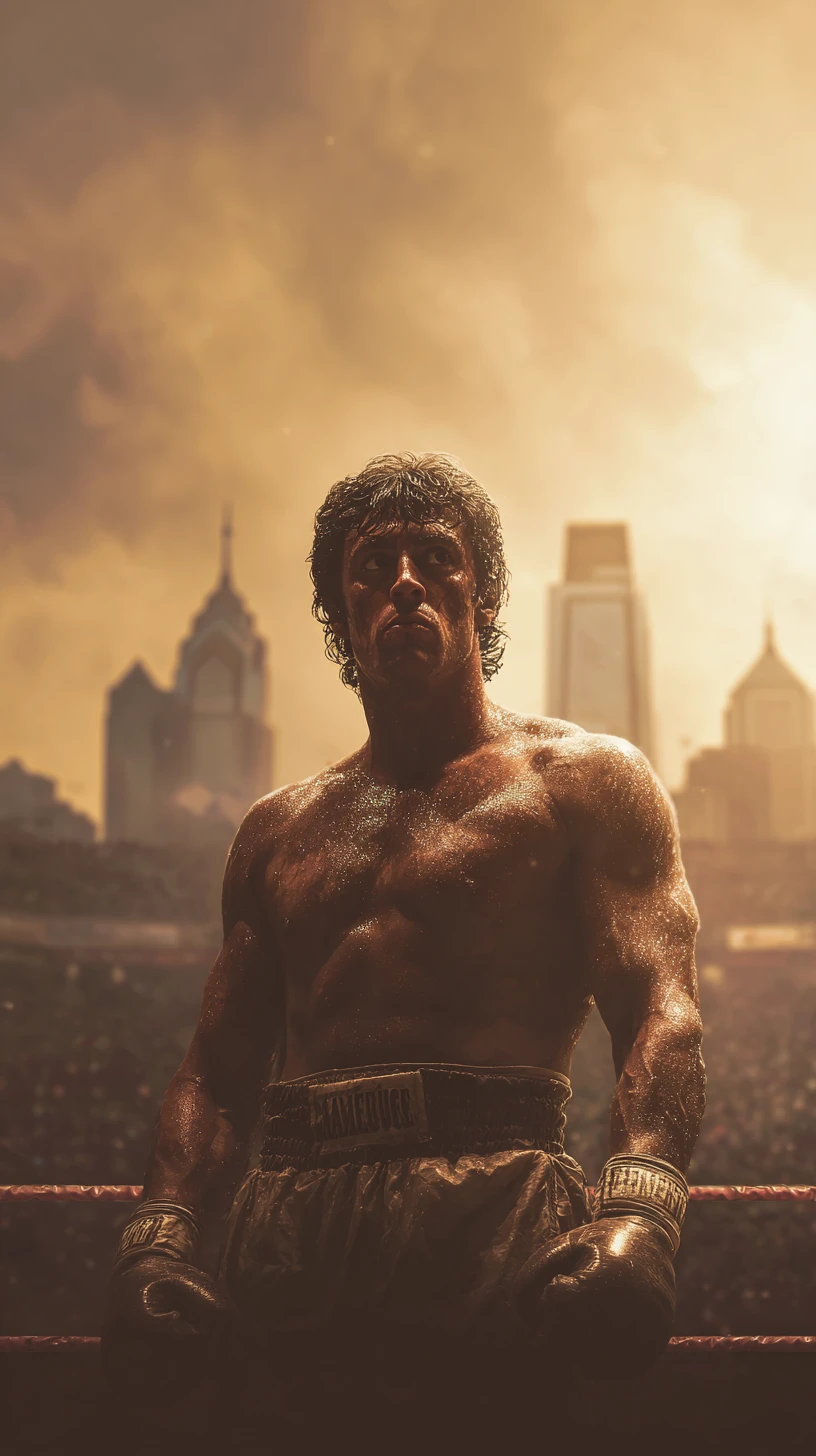 Triumphant boxer in golden light at iconic boxing ring