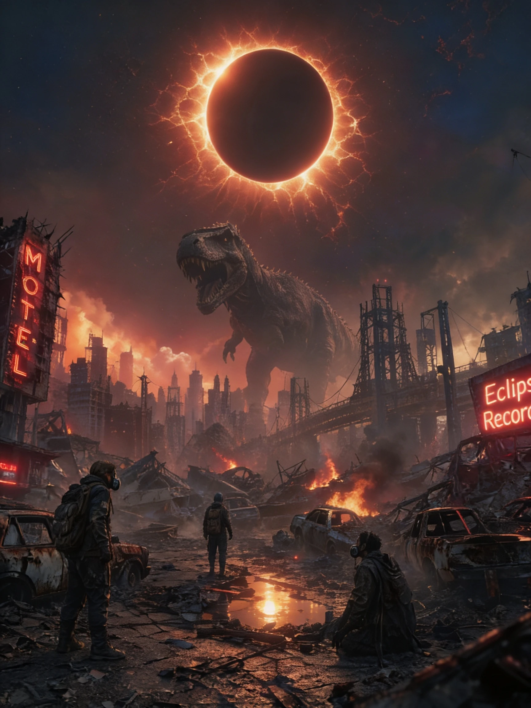 Survivors Under A Solar Eclipse In Ruined City Streets