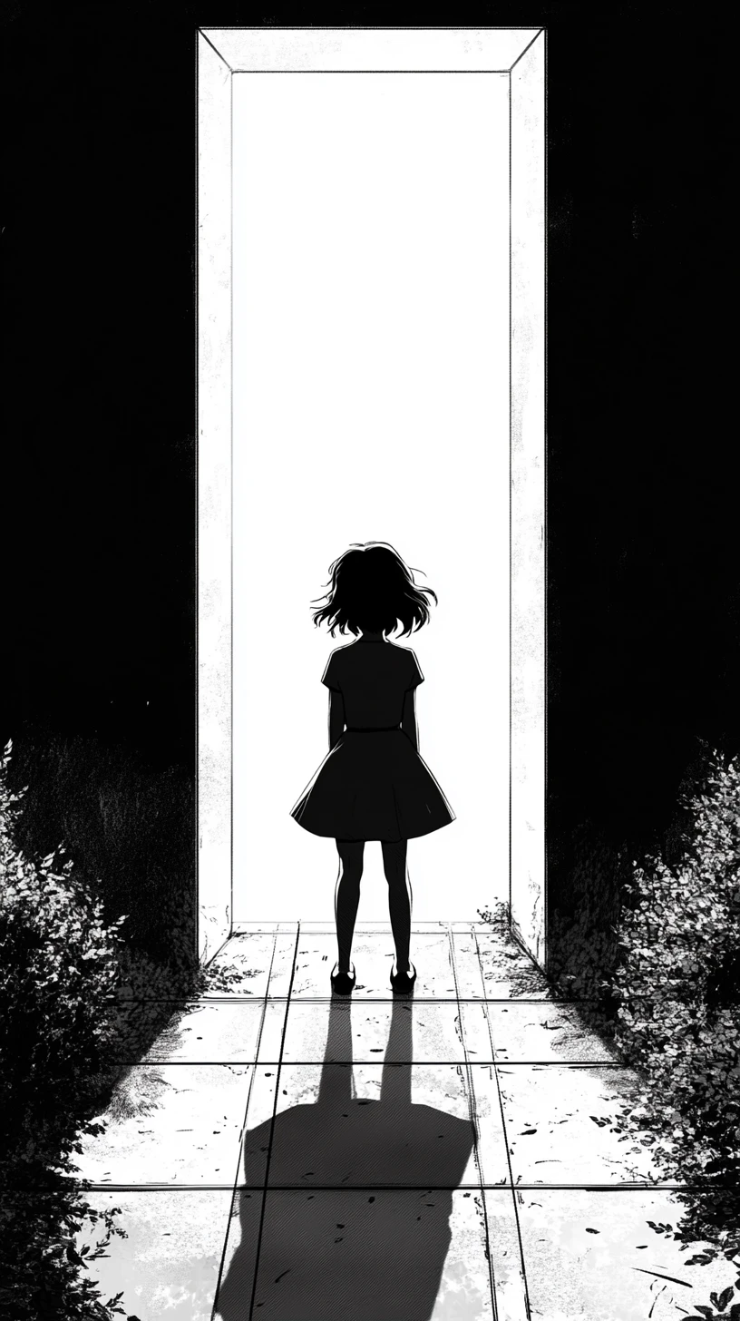 Silhouetted girl in a glowing doorway with tiled shadows