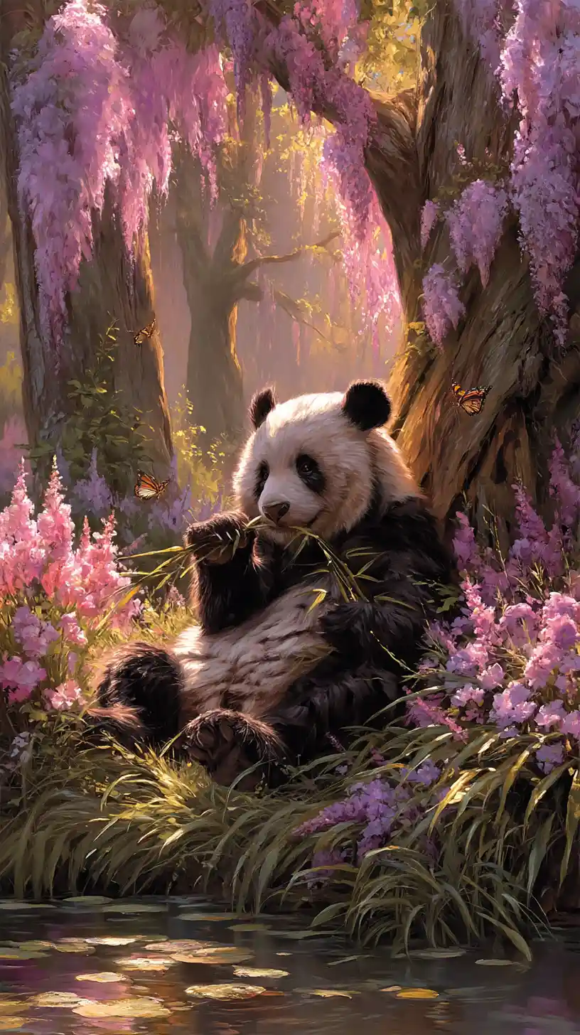 Panda Eating Bamboo Under A Flowering Summer Tree