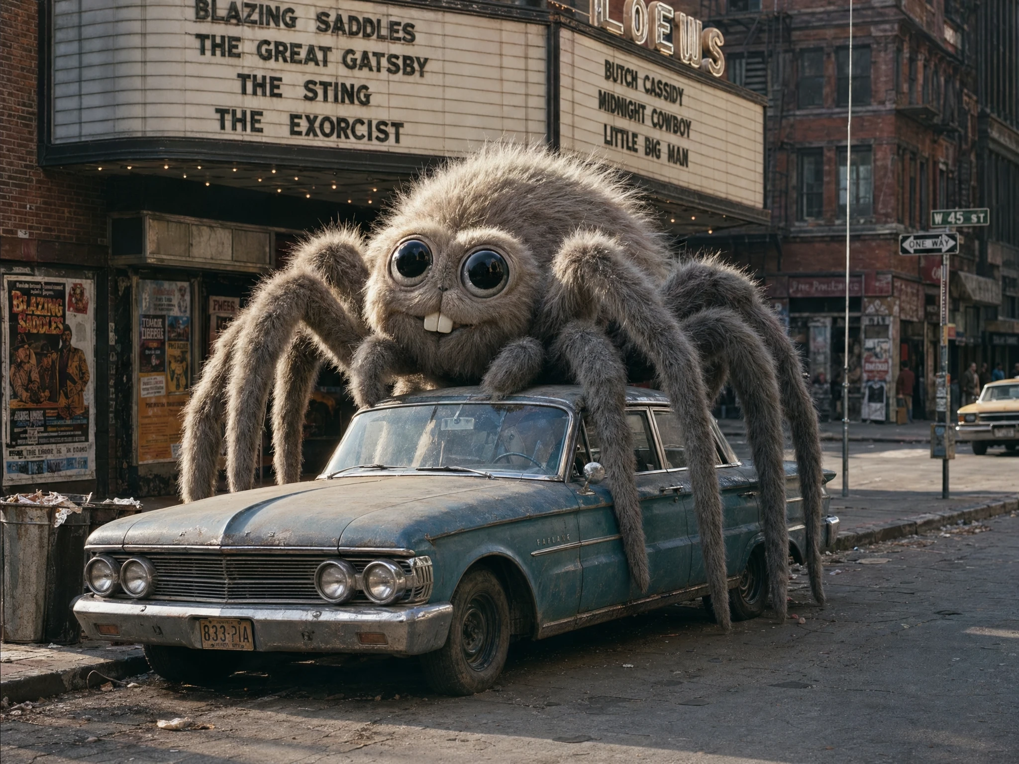 Ragno gigante e soffice accanto a un'auto blu d'epoca in una strada anni '70