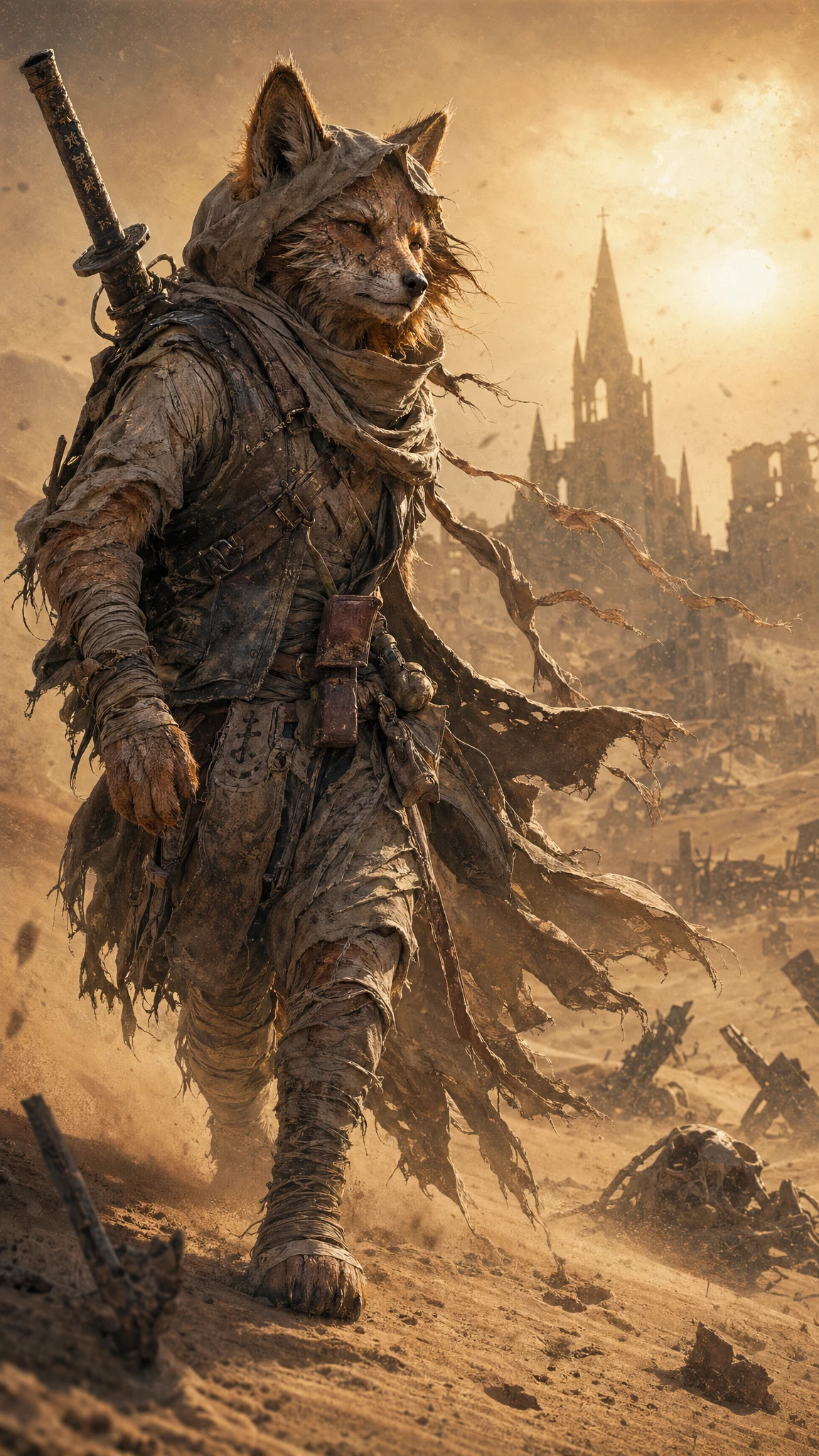 Anthropomorphic desert fox walking through a violent sandstorm