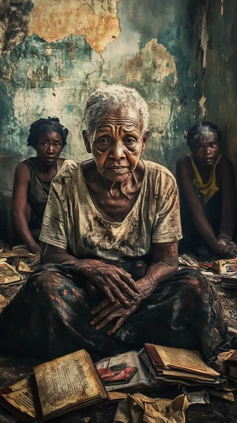 Elderly African woman seated in a crowded indoor room