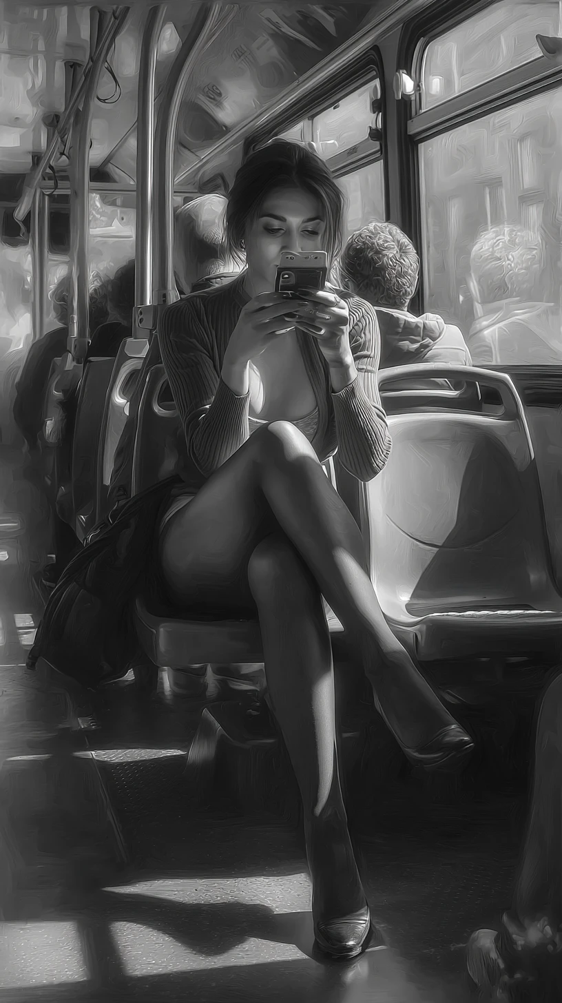 Mujer hermosa en un autobús matutino usando su smartphone