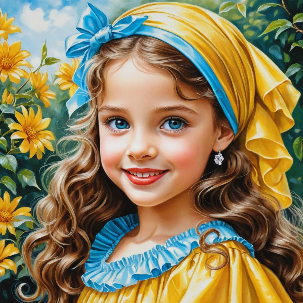 Smiling girl with long curly hair in yellow ruffled dress