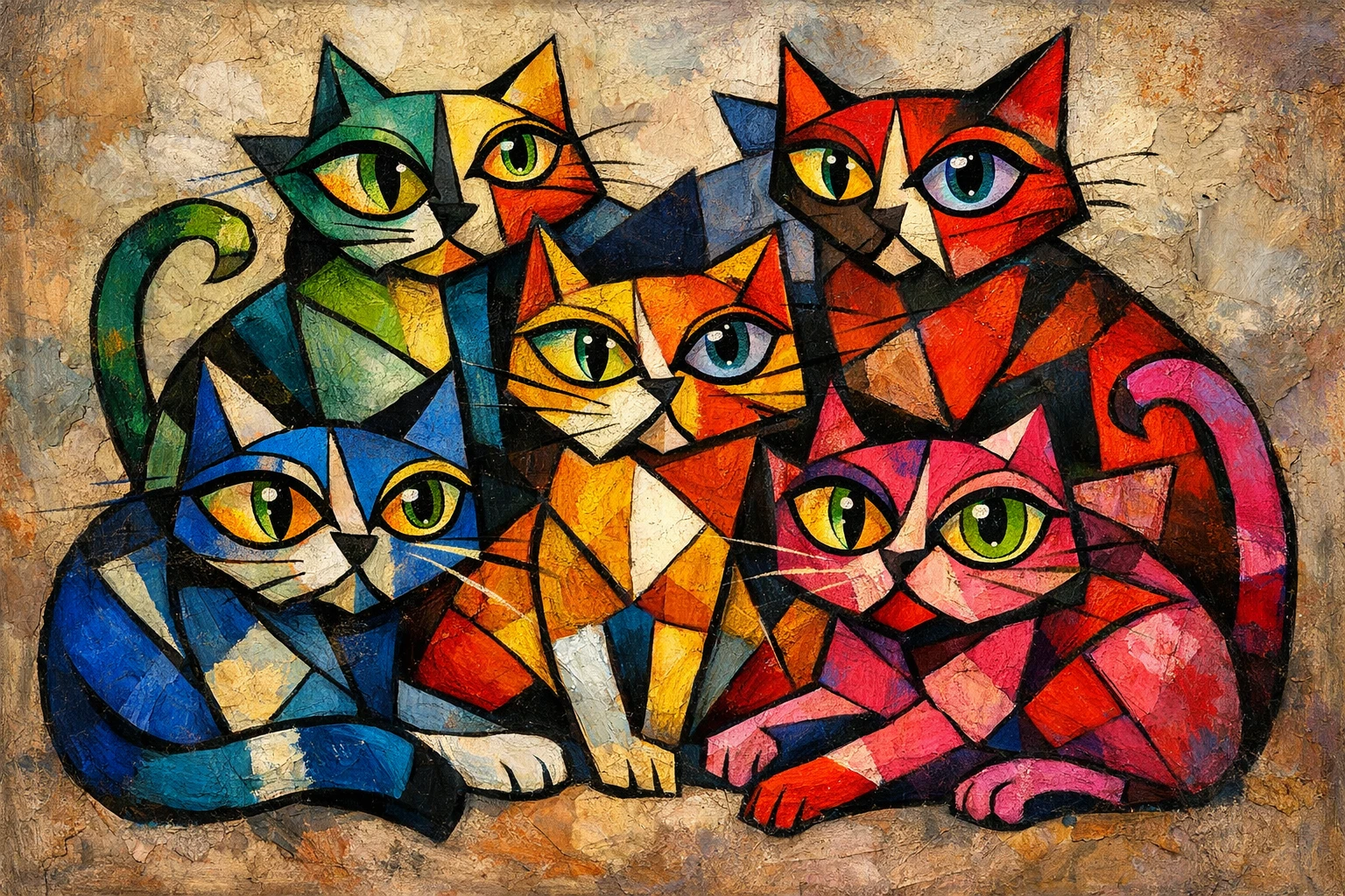 Cubist abstract painting of five colorful geometric cats