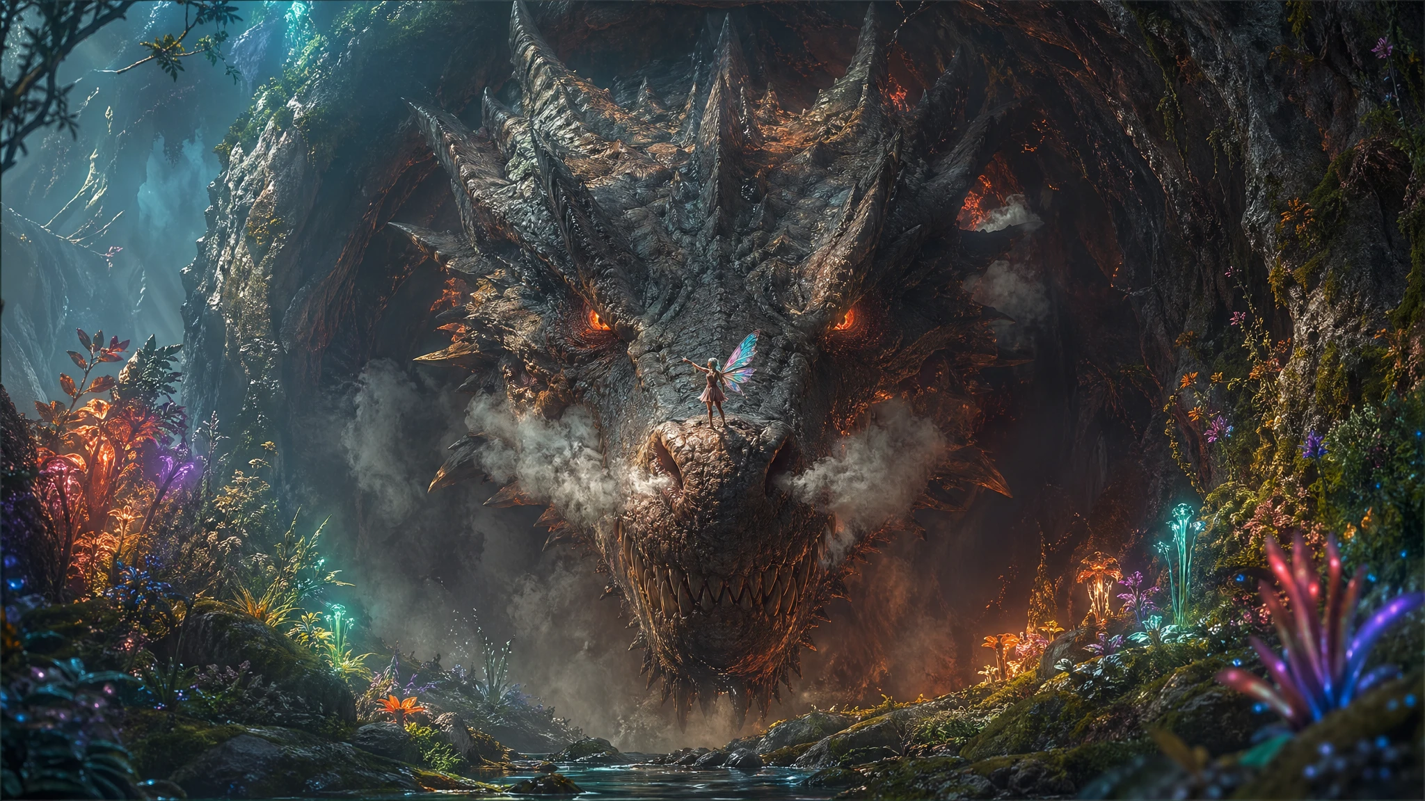 Tiny fairy confronting a colossal dragon at cave entrance