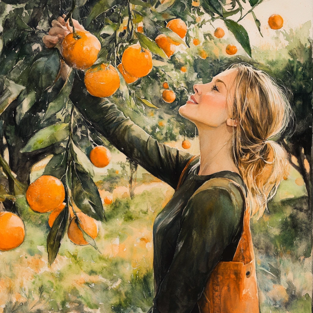 Young woman picking an orange in a sunny orchard