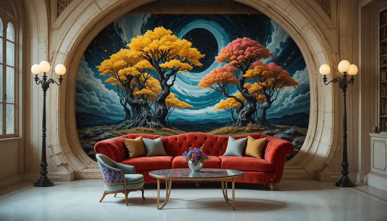 Futuristic baroque red sofa before surreal cosmic painting