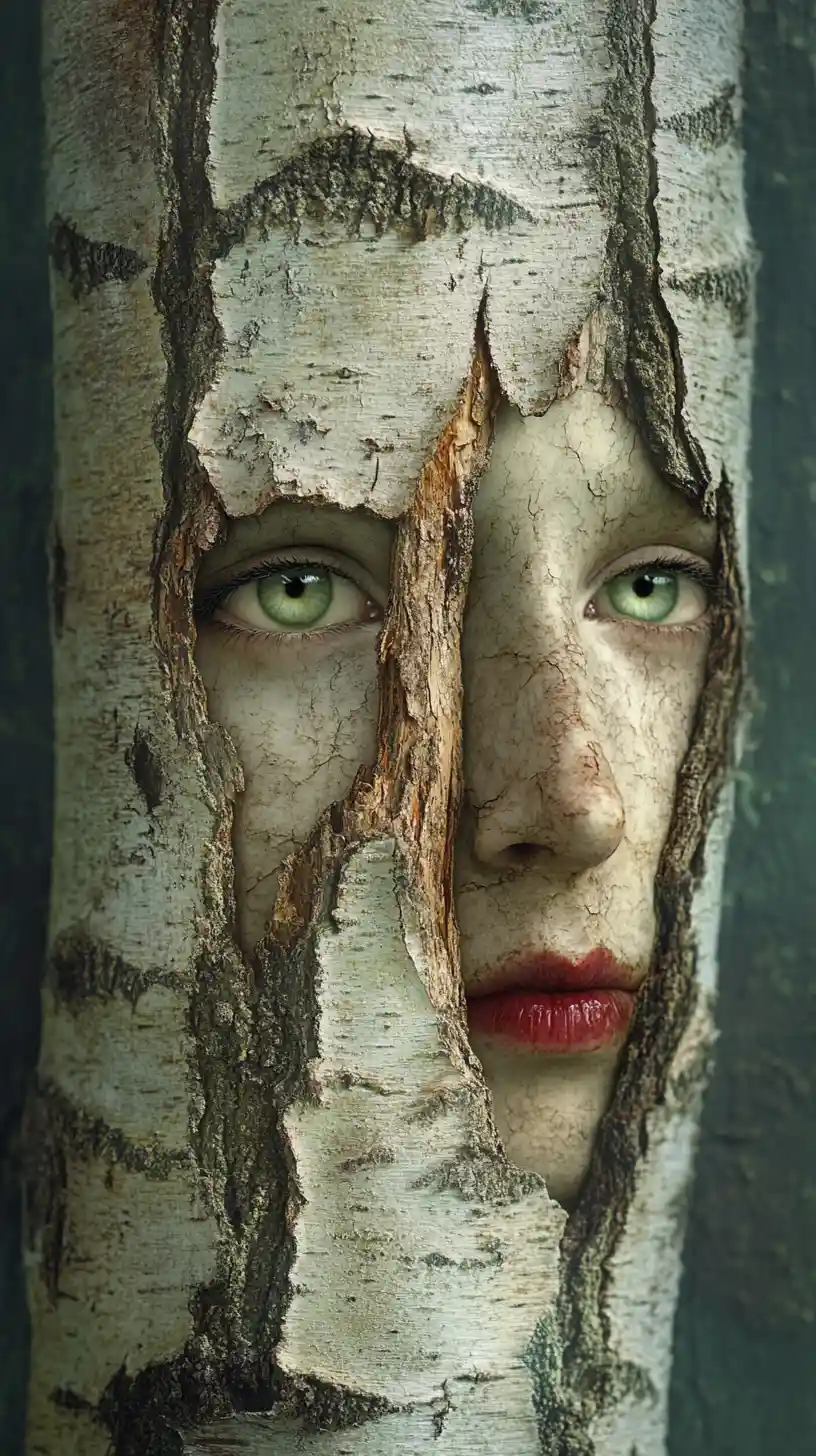 Enchanting birch tree spirits in a misty fantasy forest