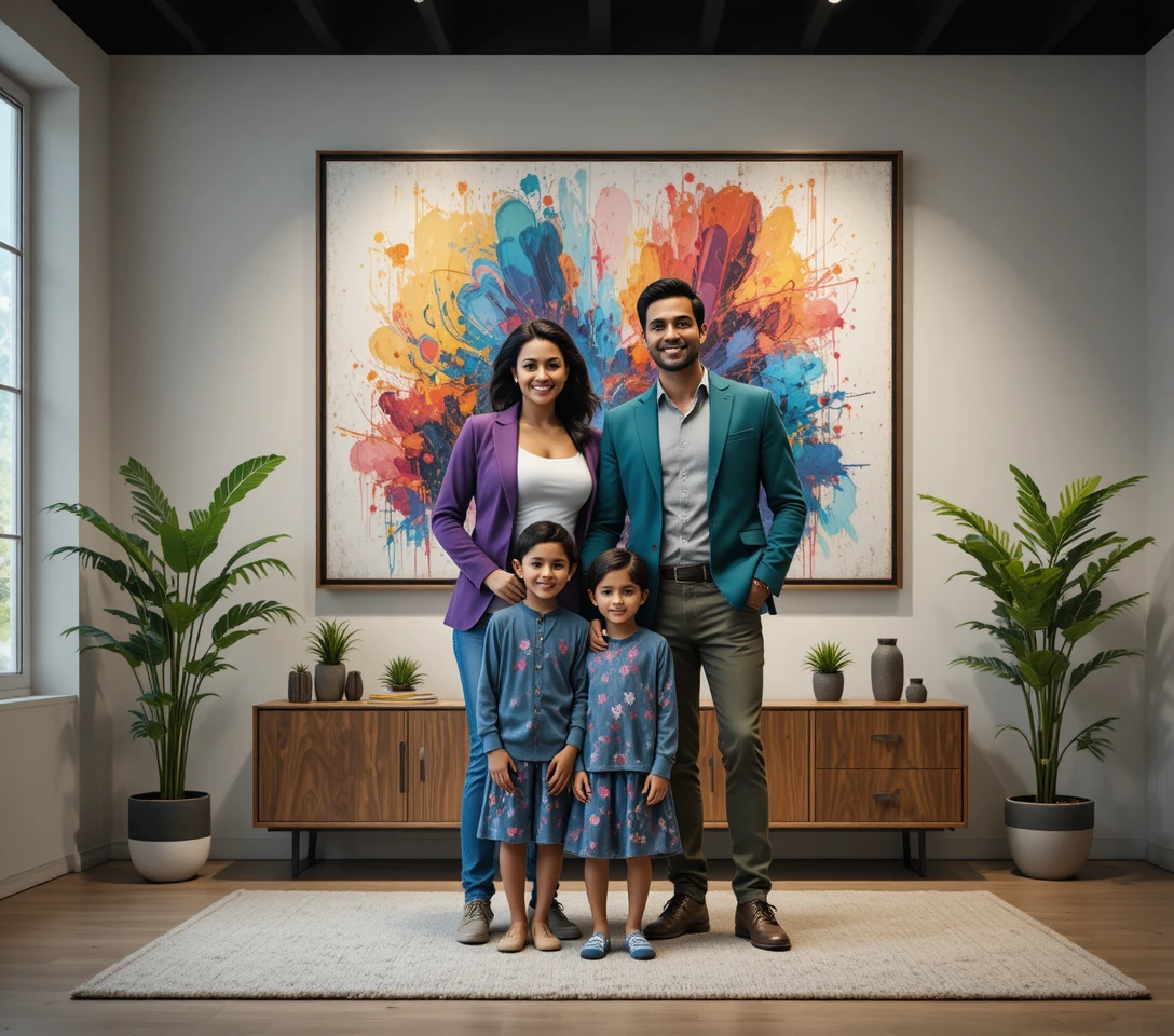 Blended family posing proudly before abstract framed painting