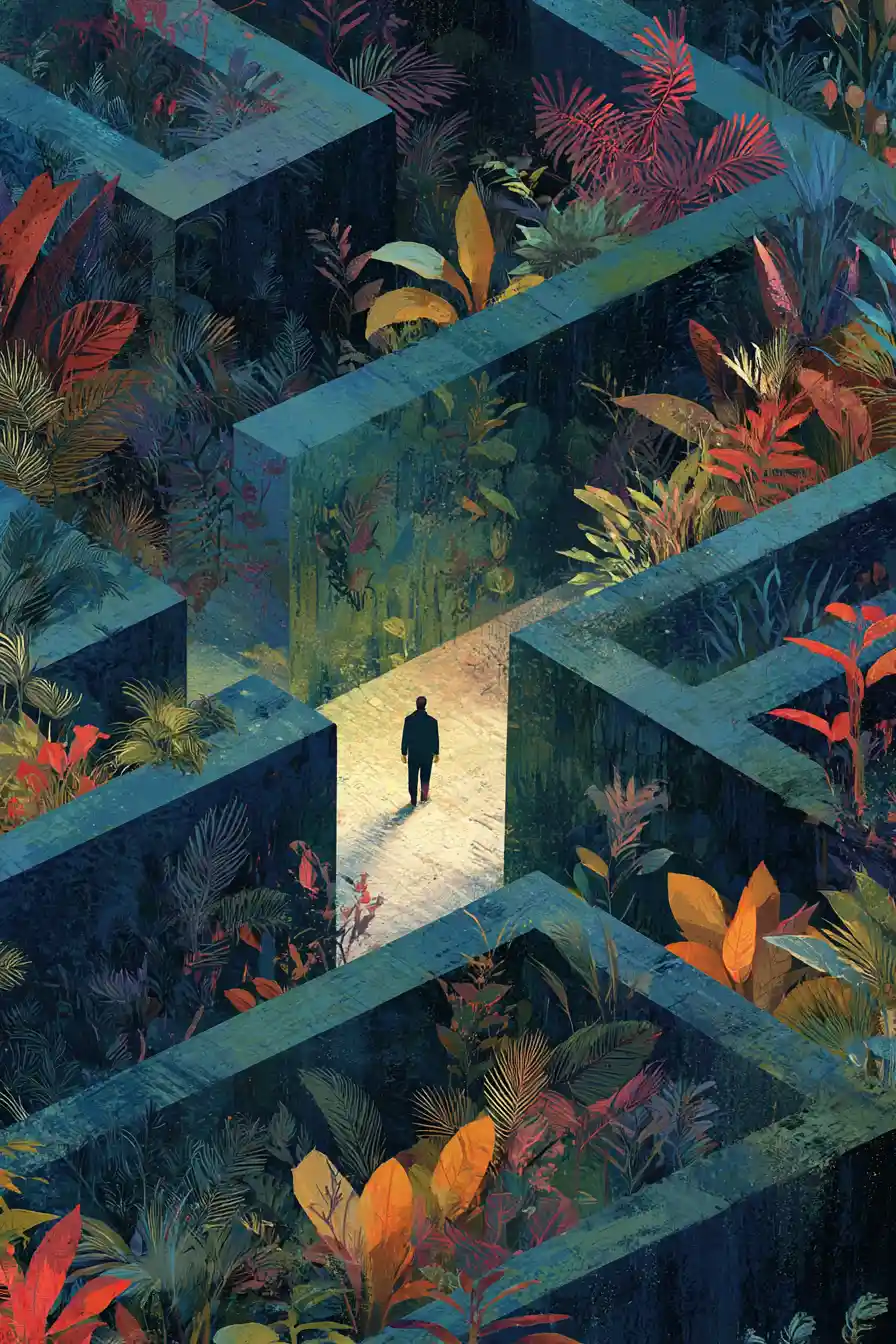Older man guided through a glowing path in jungle maze