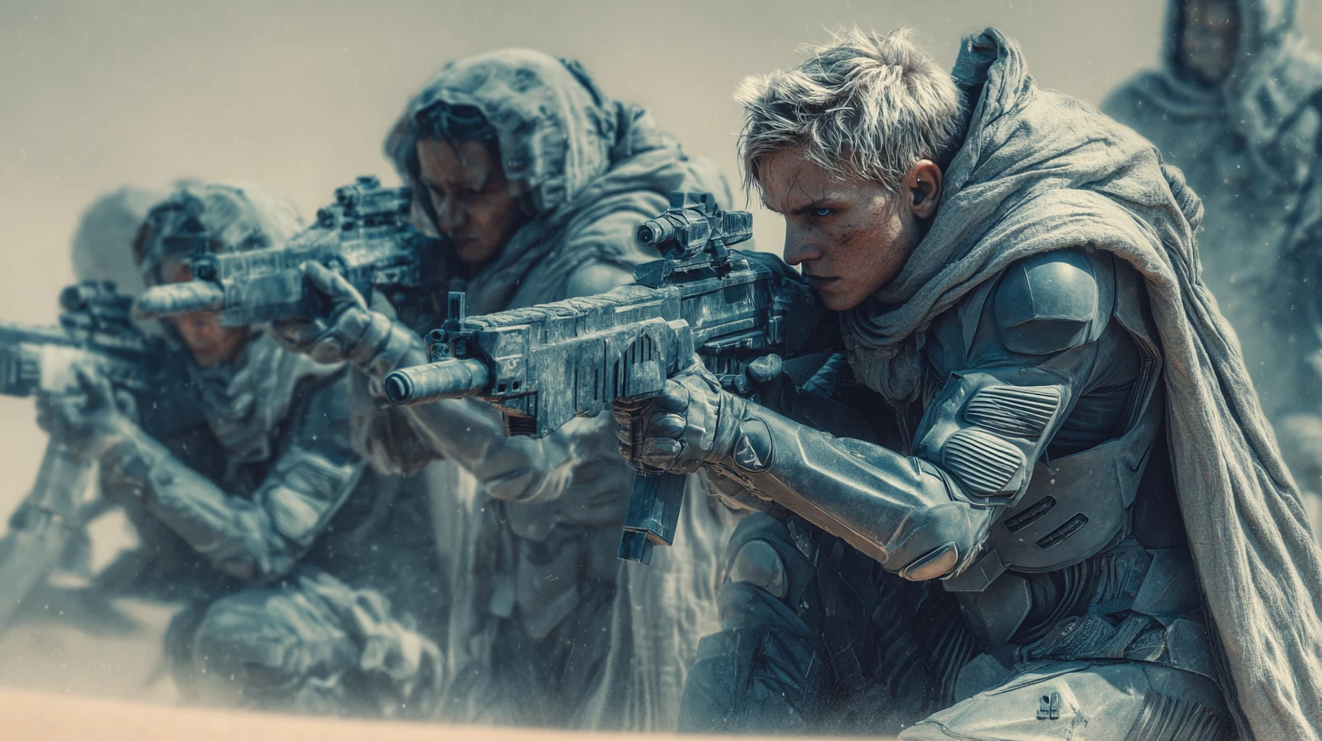 Sci fi marines in dynamic formation on alien battlefield