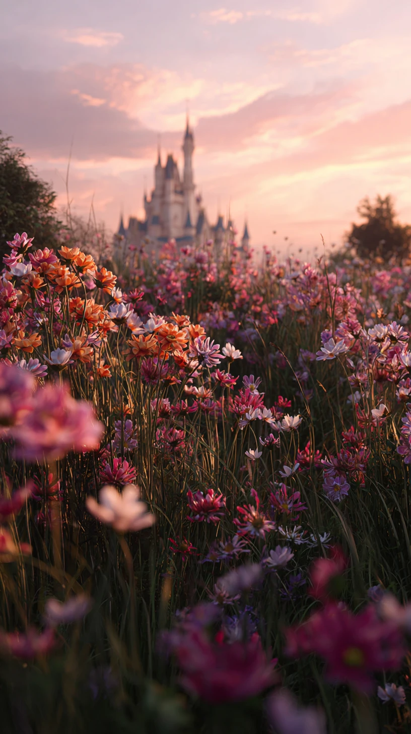 Blooming flower garden with distant castle at sunset