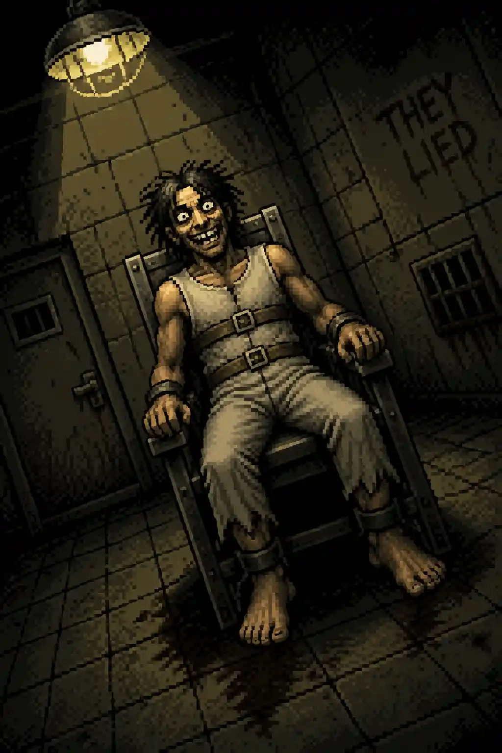 Manic patient strapped to chair in pixel art prison cell