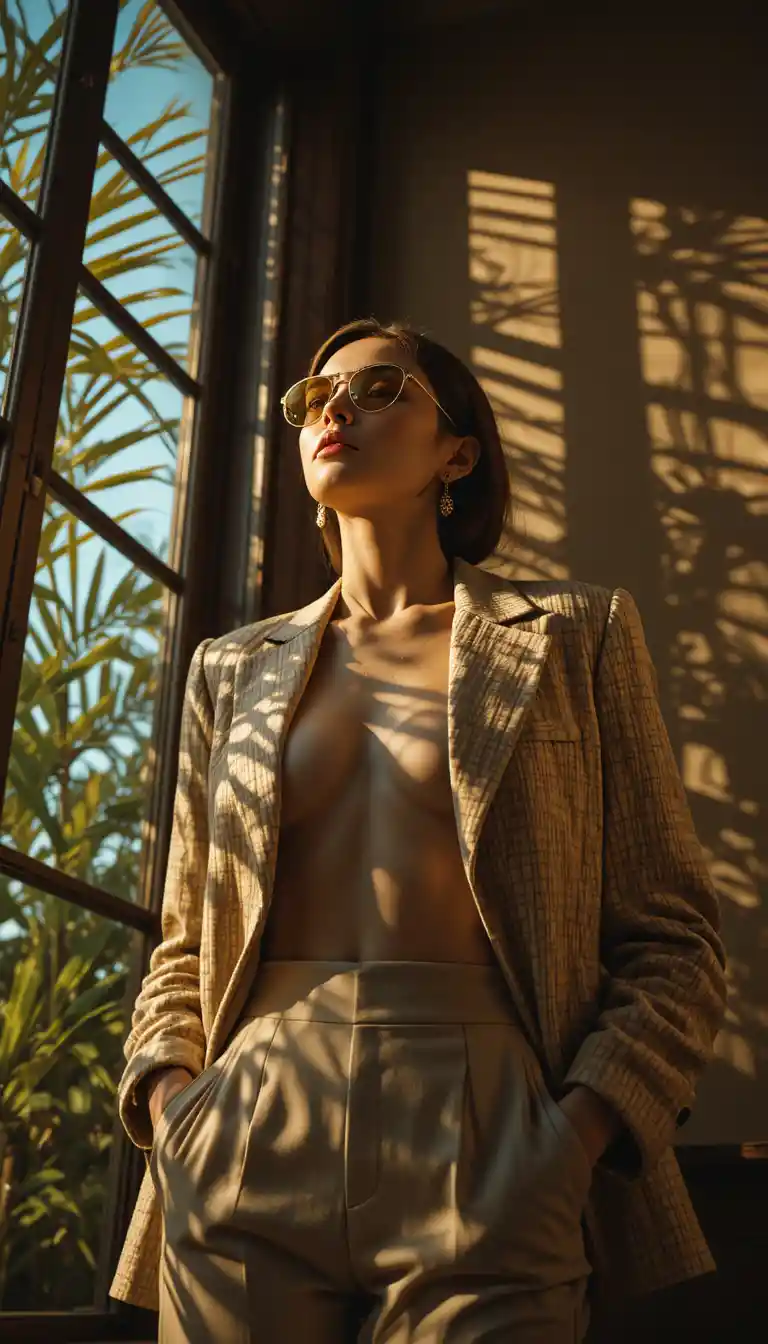 Stylish woman in beige suit lit by golden window light