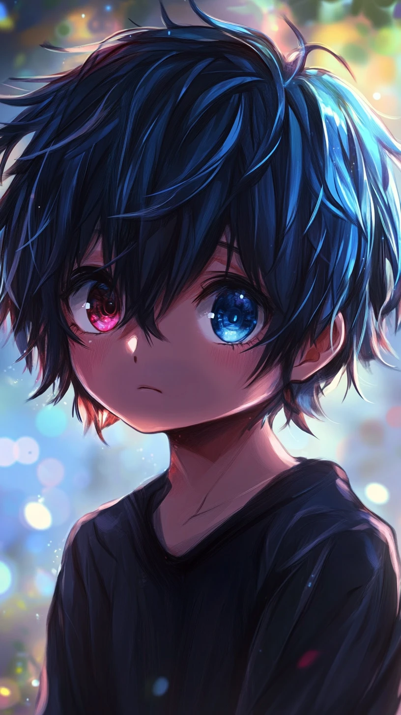 Cute chibi boy with dark blue hair in a forest