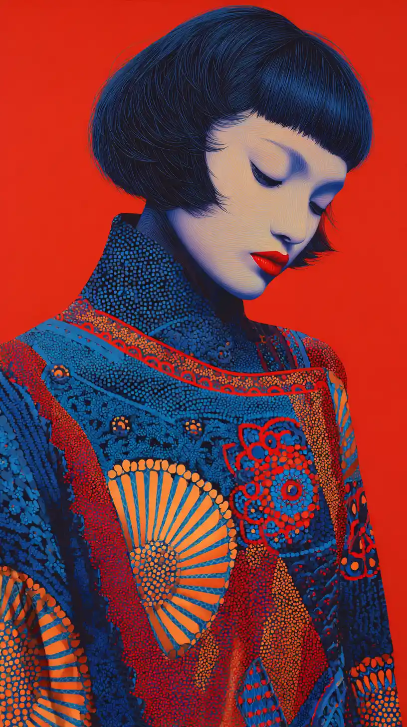 Stylized blue haired woman in patterned kimono on red background