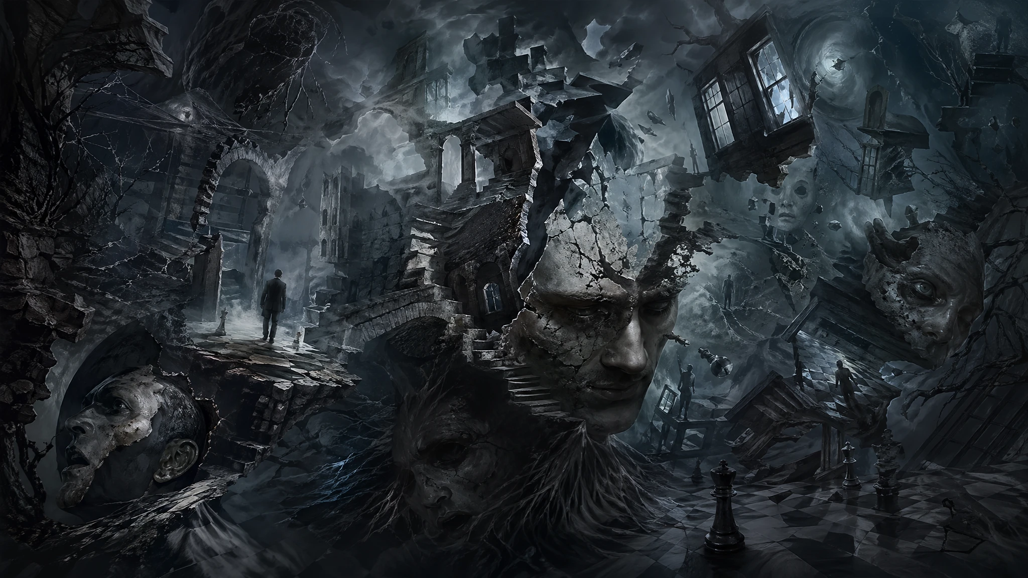 Surreal journey through a fragmented and stormy inner mindscape
