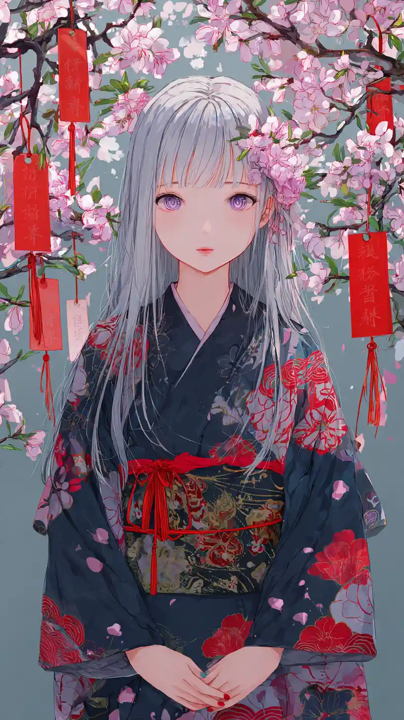 Silver haired girl in kimono under blooming cherry trees