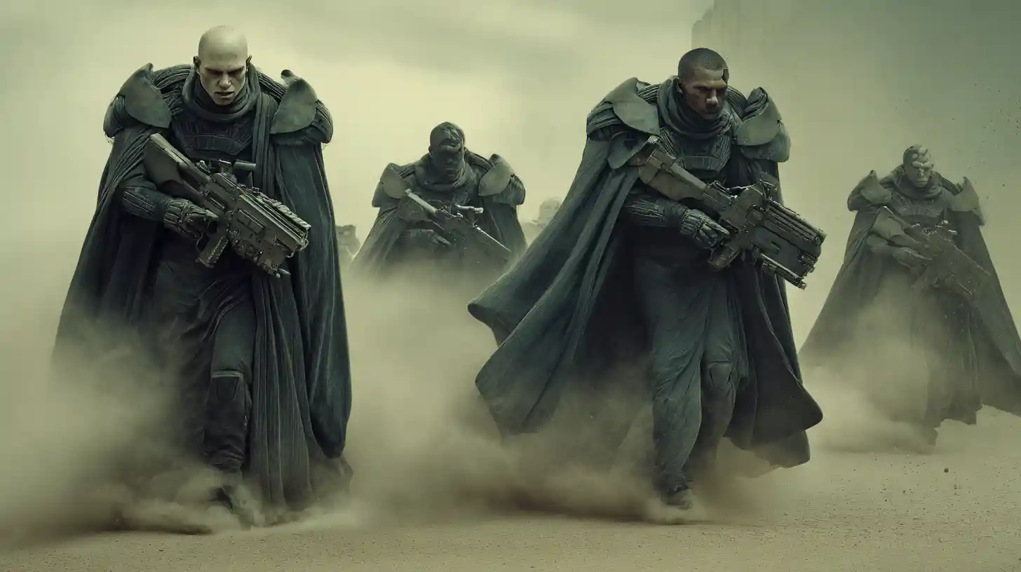 Sci fi marines advancing in formation with heavy weaponry