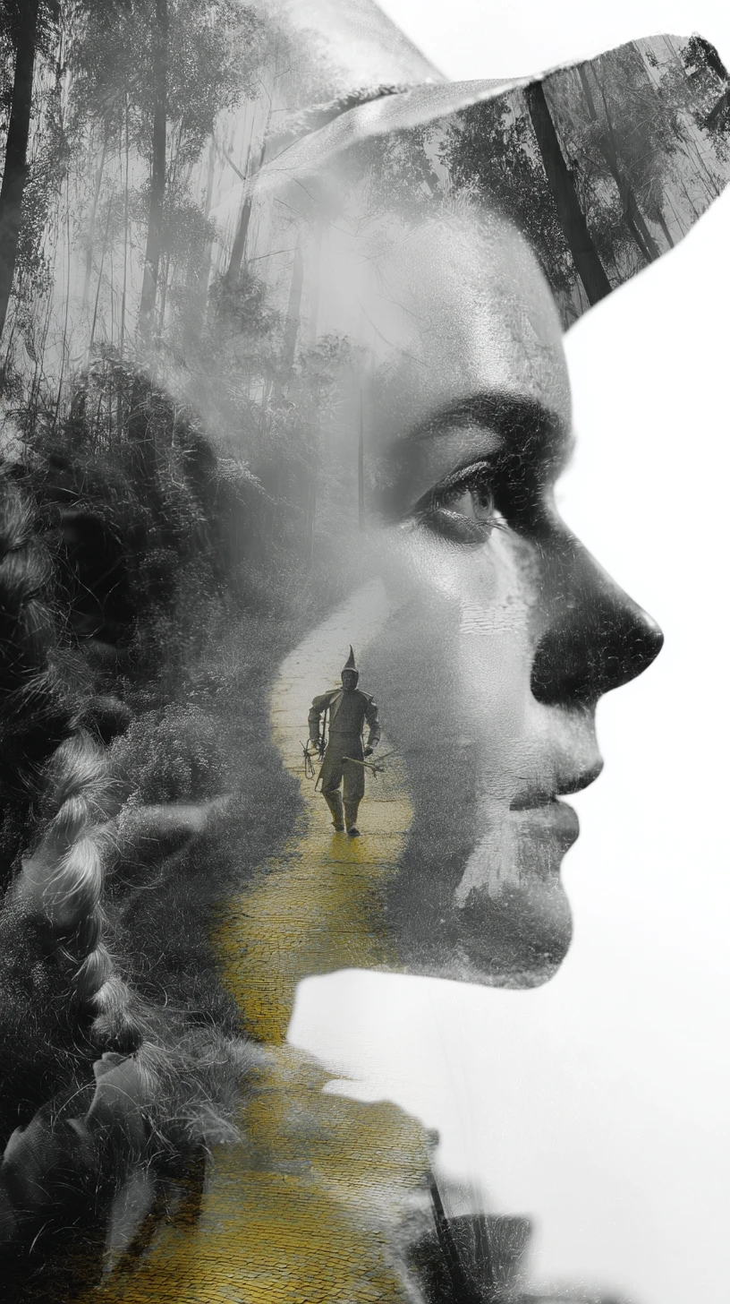 Double exposure tin man portrait in a dreamy forest