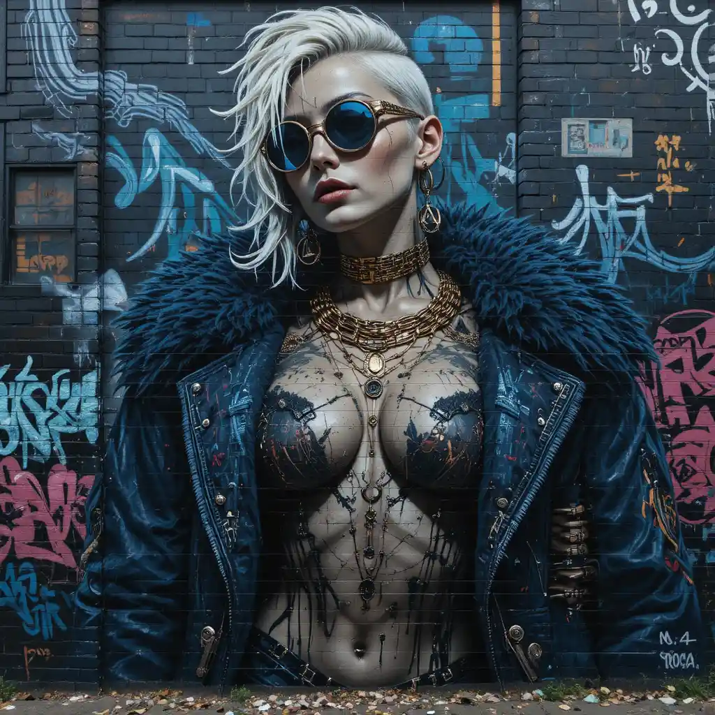 Biopunk steampunk woman mural on cracked brick wall