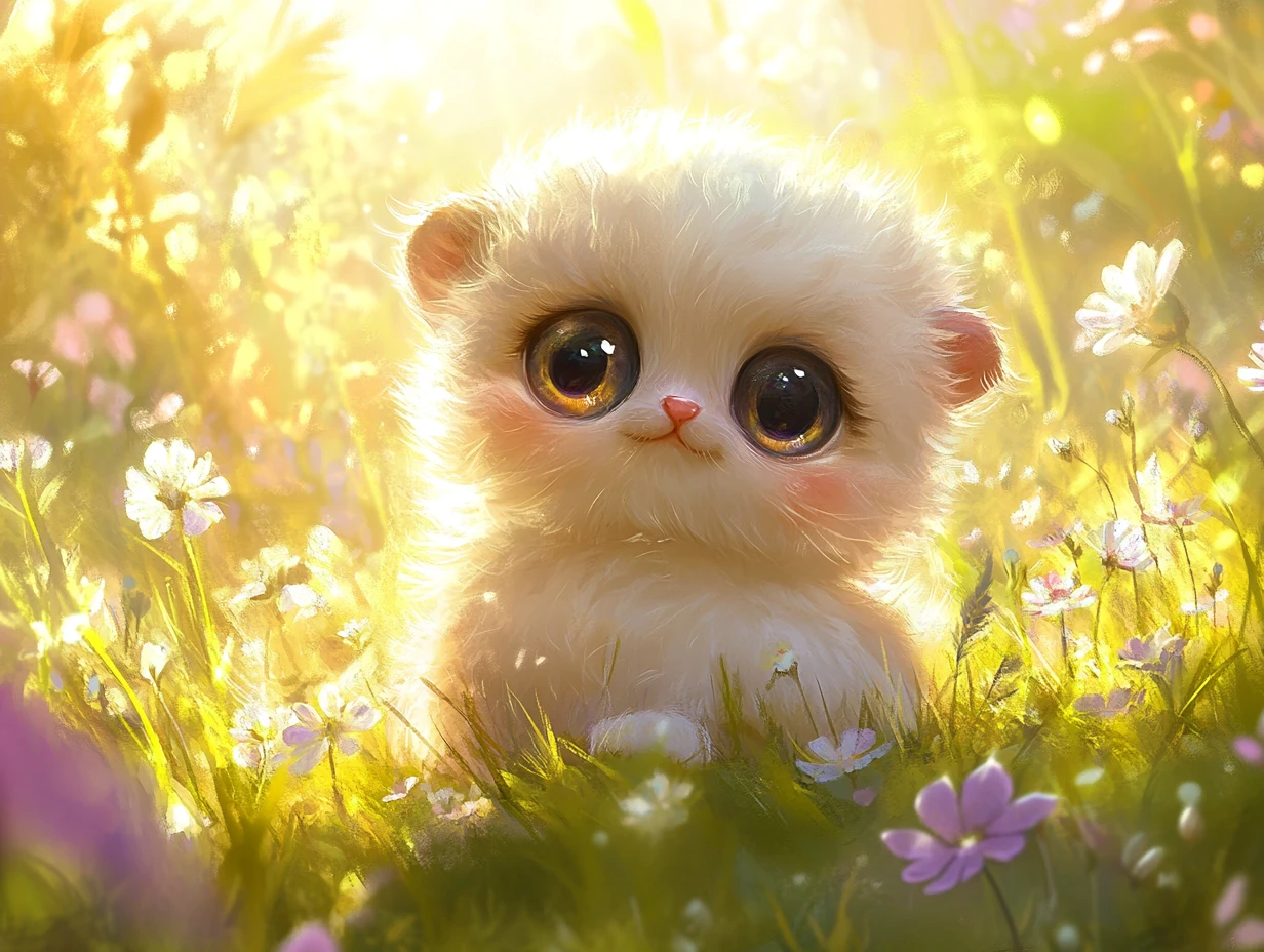 Adorable baby animal in a sunny flower meadow illustration
