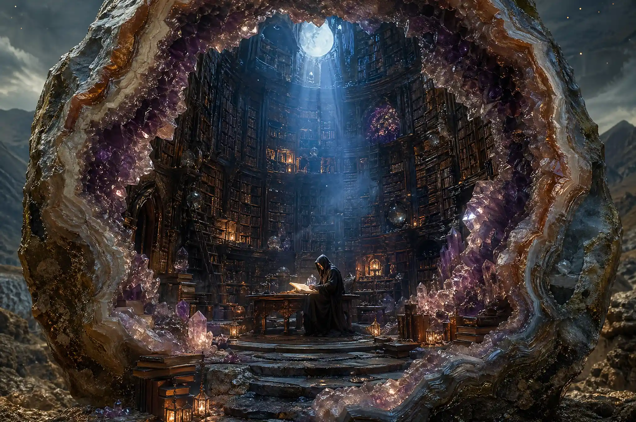 Cloaked scholar reading in a moonlit crystal library
