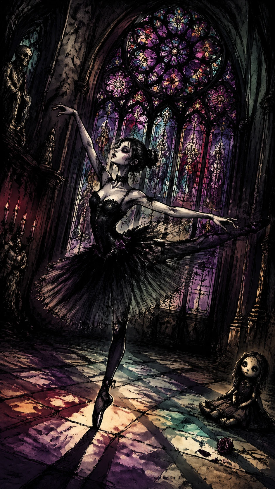 Gothic ballerina posing before a vast cathedral window