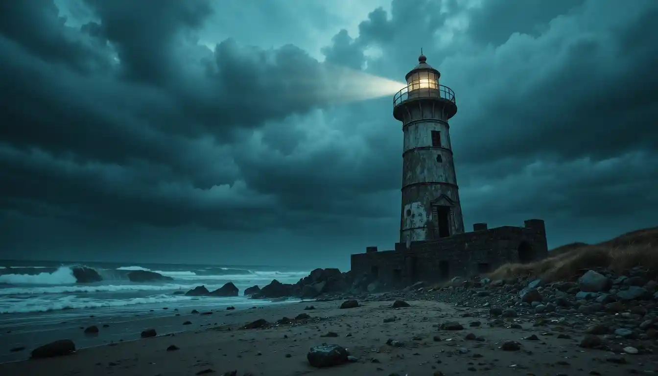 Solitary lighthouse facing stormy sea at dusk