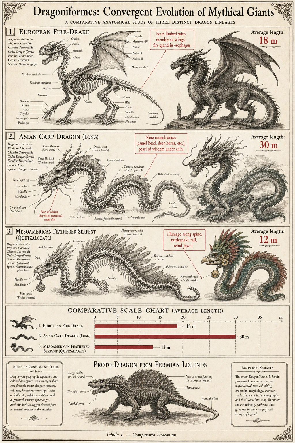 Lámina de anatomía comparada de tres tipos de dragones legendarios