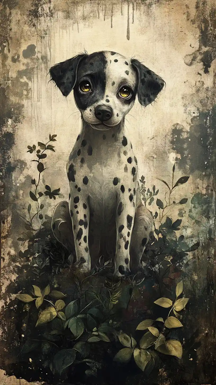Whimsical gothic puppy with big eyes on grunge canvas